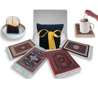 Persian Rug Printed Pattern Drink Coasters Set of 4 with Tea Bag Dish - Absorbent, Non-Slip Rubber Back - Decorative Coaster Gift Set for Coffee Mugs, Glasses, Cups - Home Accessories (Beige, 9x11cm)