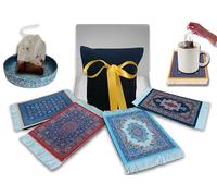 Persian Rug Printed Pattern Drink Coasters Set of 4 with Tea Bag Dish - Absorbent, Non-Slip Rubber Back - Decorative Coaster Gift Set for Coffee Mugs, Glasses, Cups - Home Accessories (Blue, 9x11cm)