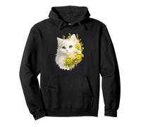 Persian White Cat One blue green eyes Wildflowers Adorable Pullover Hoodie