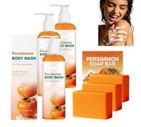 Persimmon Soap & Persimmon Body Wash Set, Deodorizing Bath Kit, Deep Cleansing Moisturizing Combo With Goats Milk Coconut Oil Green Tea, Richly Foam Long Lasting Fresh Scent Men Women Elders (3PCS)
