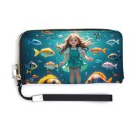 Person in The Underwater World Leather Wallet for Unisex Slim Pattern Purse Long Wallets Card Holder with Zipper, white, 20.0*10.5cm