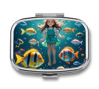 Person in The Underwater World Pill Box 2 Compartment Waterproof Pill Case with Mirror Square Container Metal Medicine Box Organizer Portable Vitamin Case for Pocket & Purse Travel