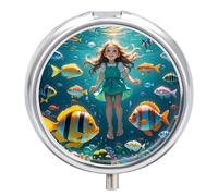 Person in The Underwater World Pill Box 3 Compartment Waterproof Pill Case with Mirror Round Container Metal Medicine Box Organizer Portable Vitamin Case for Pocket & Purse Travel