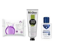 Personal Care Essentials Bundle - 1X60ml Bio Glow Olive Hand Cream, 1x25 wipes(Cherish 4-in-1 Facial Cleansing Wipes) and Cuticura Antibacterial Hand Gel