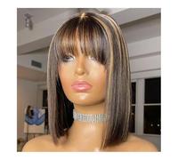 Personal Care Straight Hairs Short Bob Lace Wigs 100% Human Hair Wiges with Bangs Natural Brown Middle Part Bob Lace Wig Realistic Scalp Hairs Extensions(12INCHES)