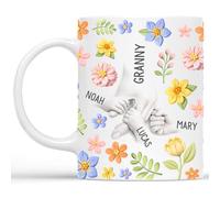 Personal Chic Custom Mug Name - Holding Mum's Hand with Flowers - Personalised Mother Gift, Mum Gifts, Grandma Gift, Mummy Tea Cup, Grandma Cup, Mum Mug (Model #2)