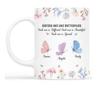 Personal Chic Custom Mug Name - Sisters are Like Butterflies - Friends Mug, Personalised Gifts for Women Friends (3 Members)