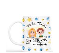 Personal Chic Custom Mug Name - We're Yours No Returns or Refunds - Grandma Gifts from Grandchildren, Grandma and Grandpa Mugs, Personalised Grandad Mug (2 Kids, Model #4)