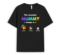 Personal Chic Personalised This Awesome Mum Belongs to T-Shirt - Personalised Gift for Mum for Christmas, Mother's Day, Birthday and Special Occasions (4 Kids, Model #1)