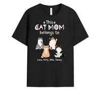 Personal Chic Personalised This Cat Dad, Cat Mum Belongs to T-Shirt - Personalised Gift for cat Lovers, Birthday Gift (UK, Alpha, S, 5XL, Regular, Regular, 4 Cats)