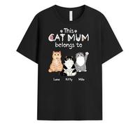 Personal Chic Personalised This Cat Dad, Cat Mum Belongs to T-Shirt - Personalised Gift for cat Lovers, Birthday Gift (UK, Alpha, S, 5XL, Regular, Regular, 3 Cats)