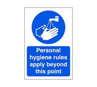 Personal hygiene rules apply beyond this point - Food Preparation/Safety/Wash Hands/Clean/Kitchen - High tack self-adhesive sticker (400mm x 300mm) Viewing Distance within 14m.