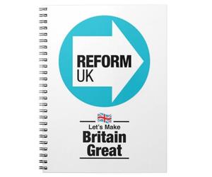 PERSONAL IDENTITY A5 NOTEBOOK - REFORM UK LET'S MAKE BRITAIN GREAT - wire bound 60 page note book writing pad - tice farage brexit political party