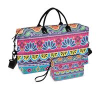 Personal Item Travel Bag Carry on Bag Mexicana Traditional Flower Gym Sports Duffel Bags Holdall for Women with Adjustable Strap, Mexicana Traditional Pattern Flower, Set Of 2, Art Deco
