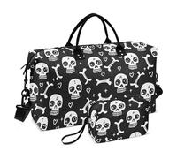 Personal Item Travel Bag Funny Skulls Bones Hearts White Black Large Carry On Airport Bag Sport Training Bag with Toiletry Bag for Business Trips 2 Pcs Set, funny skulls bones hearts white black, Set