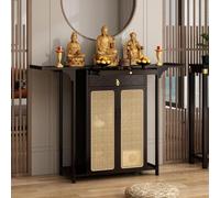 Personal Shrine Table, Bamboo Buddhist with Plastic Rattan Cabinet Door, Buddha Niche Chinese Cabinet with Storage (Black, 120cm/47.2in)