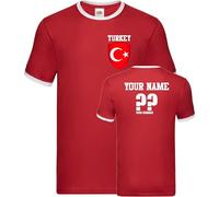 Personalise Your Name Number Turkey Football Ringer T-Shirt Soccer Fans Sports Costume Flag Badge Players Love Adult Kids Unisex Tee Top Red/White