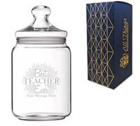 Personalised 1 Litre Glass Sweets Biscuits Jar with Best Teacher Ever Design, Custom Laser Engraved Treat Jar with Lid, Personalised Gift for Birthdays, Christmas or End of Term, Gift Box Included