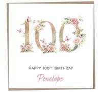 Personalised 100th Birthday Card for Women, Luxury Flower & Butterfly Design with Customised Name, Special Milestone Keepsake Gift, Cute Contemporary Handmade Customizable Age 100 Cards Glitter Effect