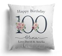 Personalised 100th Birthday Cushion Pillow Any Name Floral Cover And Inner Scatter Cushions Throw Pillows Gift For Her Ladies Bedroom Happy Birthday Keepsake Decor (cover & inner)
