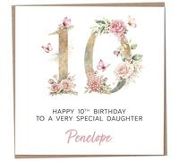 Personalised 10th Birthday Card for Daughter, Luxury Flower & Butterfly Design with Customised Name, Special Milestone Keepsake Gift, Cute Contemporary Handmade Customizable Age 10 Cards