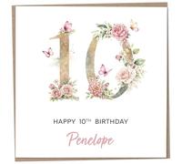 Personalised 10th Birthday Card for Girls, Luxury Flower & Butterfly Design with Customised Name, Special Milestone Keepsake Gift, Cute Contemporary Handmade Customizable Age 10 Cards, Glitter Effect