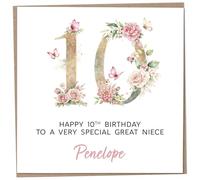Personalised 10th Birthday Card for Great Niece, Luxury Flower & Butterfly Design with Customised Name, Special Milestone Keepsake Gift, Cute Contemporary Handmade Customizable Age 10 Cards