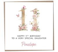 Personalised 11th Birthday Card for Daughter, Luxury Flower & Butterfly Design with Customised Name, Special Milestone Keepsake Gift, Cute Contemporary Handmade Customizable Age 11 Cards