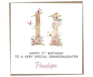 Personalised 11th Birthday Card for Granddaughter, Luxury Flower & Butterfly Design with Customised Name, Special Milestone Keepsake Gift, Cute Contemporary Handmade Customizable Age 11 Cards