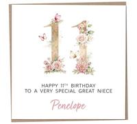 Personalised 11th Birthday Card for Great Niece, Luxury Flower & Butterfly Design with Customised Name, Special Milestone Keepsake Gift, Cute Contemporary Handmade Customizable Age 11 Cards