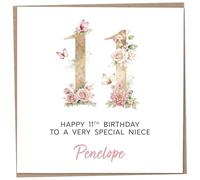 Personalised 11th Birthday Card for Niece, Luxury Flower & Butterfly Design with Customised Name, Special Milestone Keepsake Gift, Cute Contemporary Handmade Customizable Age 11 Cards