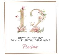 Personalised 12th Birthday Card for Great Niece, Luxury Flower & Butterfly Design with Customised Name, Special Milestone Keepsake Gift, Cute Contemporary Handmade Customizable Age 12 Cards