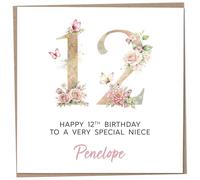 Personalised 12th Birthday Card for Niece, Luxury Flower & Butterfly Design with Customised Name, Special Milestone Keepsake Gift, Cute Contemporary Handmade Customizable Age 12 Cards