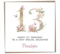 Personalised 13th Birthday Card for Daughter, Luxury Flower & Butterfly Design with Customised Name, Special Milestone Keepsake Gift, Cute Contemporary Handmade Customizable Age 13 Cards