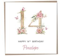 Personalised 14th Birthday Card for Girls, Luxury Flower & Butterfly Design with Customised Name, Special Milestone Keepsake Gift, Cute Contemporary Handmade Customizable Age 14 Cards, Glitter Effect