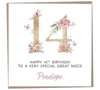 Personalised 14th Birthday Card for Great Niece, Luxury Flower & Butterfly Design with Customised Name, Special Milestone Keepsake Gift, Cute Contemporary Handmade Customizable Age 14 Cards