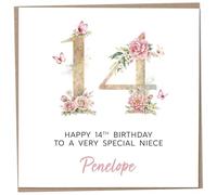 Personalised 14th Birthday Card for Niece, Luxury Flower & Butterfly Design with Customised Name, Special Milestone Keepsake Gift, Cute Contemporary Handmade Customizable Age 14 Cards