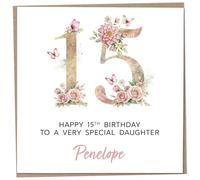Personalised 15th Birthday Card for Daughter, Luxury Flower & Butterfly Design with Customised Name, Special Milestone Keepsake Gift, Cute Contemporary Handmade Customizable Age 15 Cards