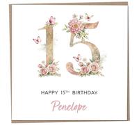 Personalised 15th Birthday Card for Girls, Luxury Flower & Butterfly Design with Customised Name, Special Milestone Keepsake Gift, Cute Contemporary Handmade Customizable Age 15 Cards, Glitter Effect