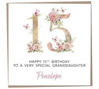 Personalised 15th Birthday Card for Granddaughter, Luxury Flower & Butterfly Design with Customised Name, Special Milestone Keepsake Gift, Cute Contemporary Handmade Customizable Age 15 Cards