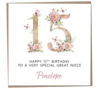 Personalised 15th Birthday Card for Great Niece, Luxury Flower & Butterfly Design with Customised Name, Special Milestone Keepsake Gift, Cute Contemporary Handmade Customizable Age 15 Cards