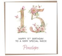 Personalised 15th Birthday Card for Niece, Luxury Flower & Butterfly Design with Customised Name, Special Milestone Keepsake Gift, Cute Contemporary Handmade Customizable Age 15 Cards