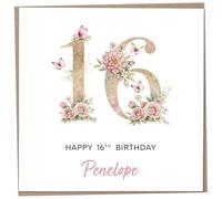 Personalised 16th Birthday Card for Girls, Luxury Flower & Butterfly Design with Customised Name, Special Milestone Keepsake Gift, Cute Contemporary Handmade Customizable Age 16 Cards, Glitter Effect
