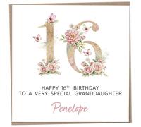 Personalised 16th Birthday Card for Granddaughter, Luxury Flower & Butterfly Design with Customised Name, Special Milestone Keepsake Gift, Cute Contemporary Handmade Customizable Age 16 Cards