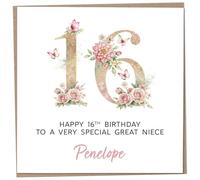 Personalised 16th Birthday Card for Great Niece, Luxury Flower & Butterfly Design with Customised Name, Special Milestone Keepsake Gift, Cute Contemporary Handmade Customizable Age 16 Cards