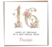 Personalised 16th Birthday Card for Niece, Luxury Flower & Butterfly Design with Customised Name, Special Milestone Keepsake Gift, Cute Contemporary Handmade Customizable Age 16 Cards