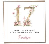 Personalised 17th Birthday Card for Daughter, Luxury Flower & Butterfly Design with Customised Name, Special Milestone Keepsake Gift, Cute Contemporary Handmade Customizable Age 17 Cards