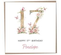 Personalised 17th Birthday Card for Girls, Luxury Flower & Butterfly Design with Customised Name, Special Milestone Keepsake Gift, Cute Contemporary Handmade Customizable Age 17 Cards, Glitter Effect