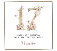 Personalised 17th Birthday Card for Niece, Luxury Flower & Butterfly Design with Customised Name, Special Milestone Keepsake Gift, Cute Contemporary Handmade Customizable Age 17 Cards