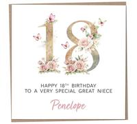 Personalised 18th Birthday Card for Adult Great Niece, Luxury Flower & Butterfly Design with Customised Name, Special Milestone Keepsake Gift, Cute Contemporary Handmade Customizable Age 18 Cards